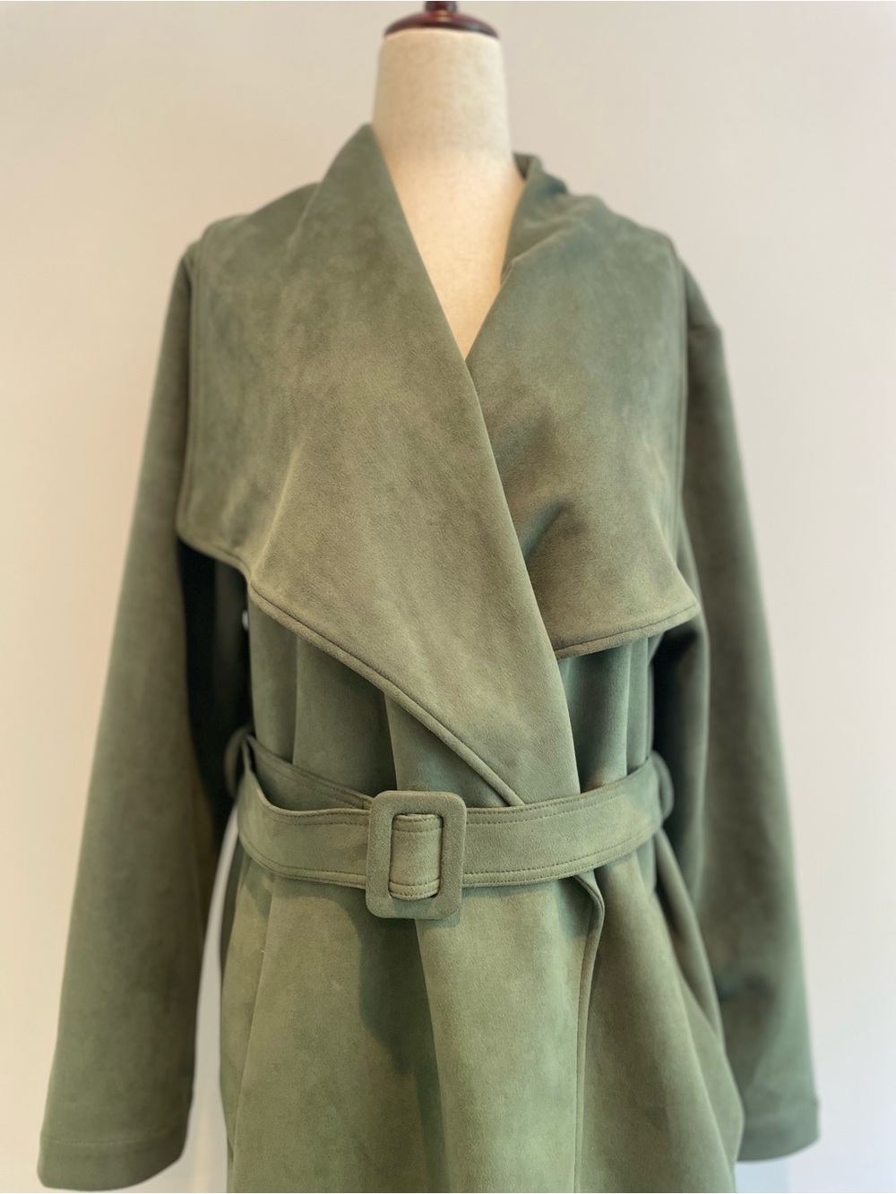 Elodie Green Draped Belted Trench Coat - size medium - Picture 2 of 6